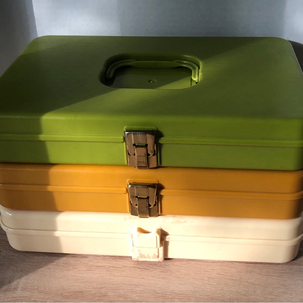 Vintage Wilson Stackable Sewing Thread Storage Boxes in Green, Brown, and Cream